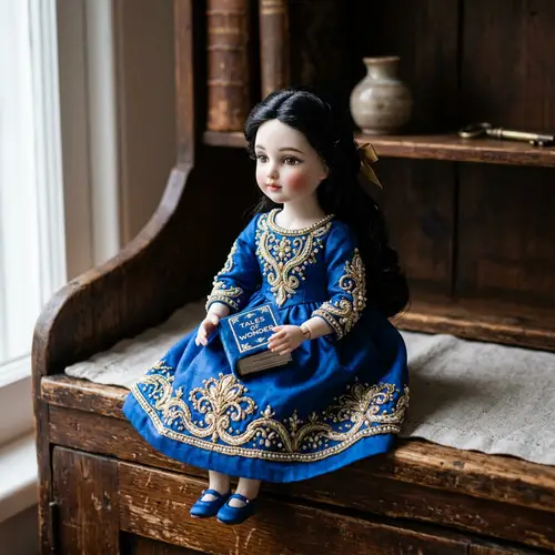 Exquisite Handcrafted Doll with Silk Dress on Vintage Wooden Shelf