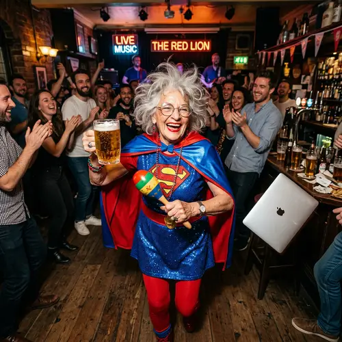 Eccentric Elderly Woman in Superhero Outfit Dances in Bar