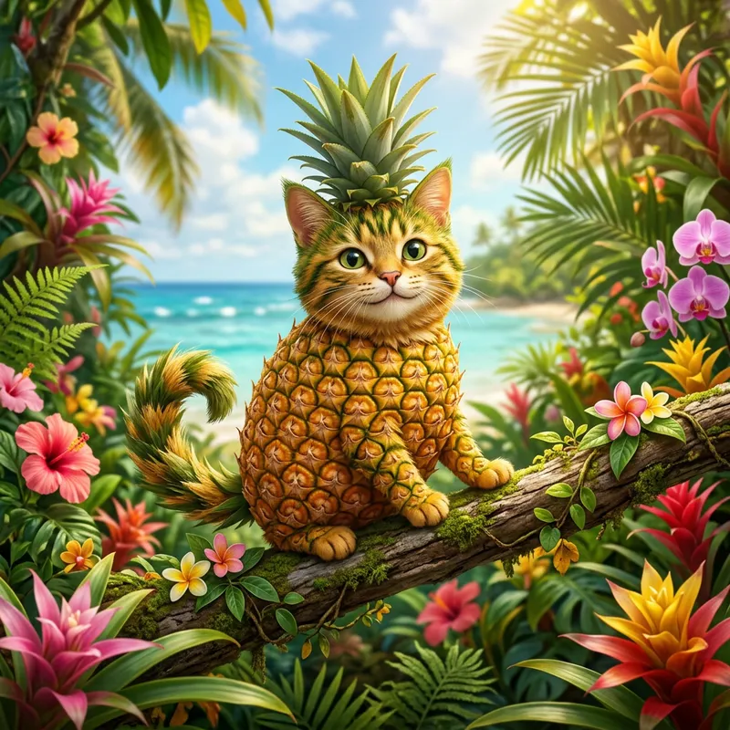Whimsical Pineapple Cat Creature in Tropical Paradise Whimsical Pineapple Cat Creature in Tropical Paradise