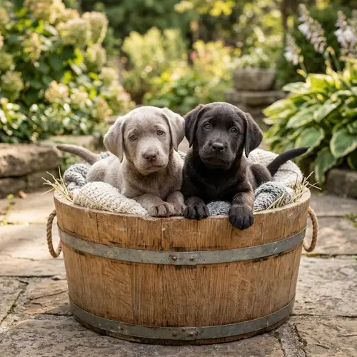 Silver and Charcoal Labrador Puppies in Wooden Bucket
