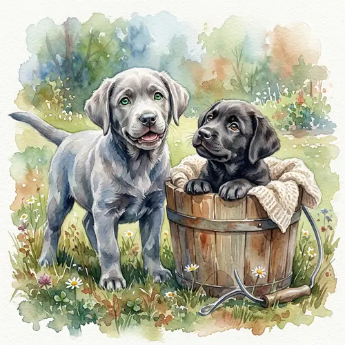 Charming Silver and Charcoal Labrador Puppies in Watercolor