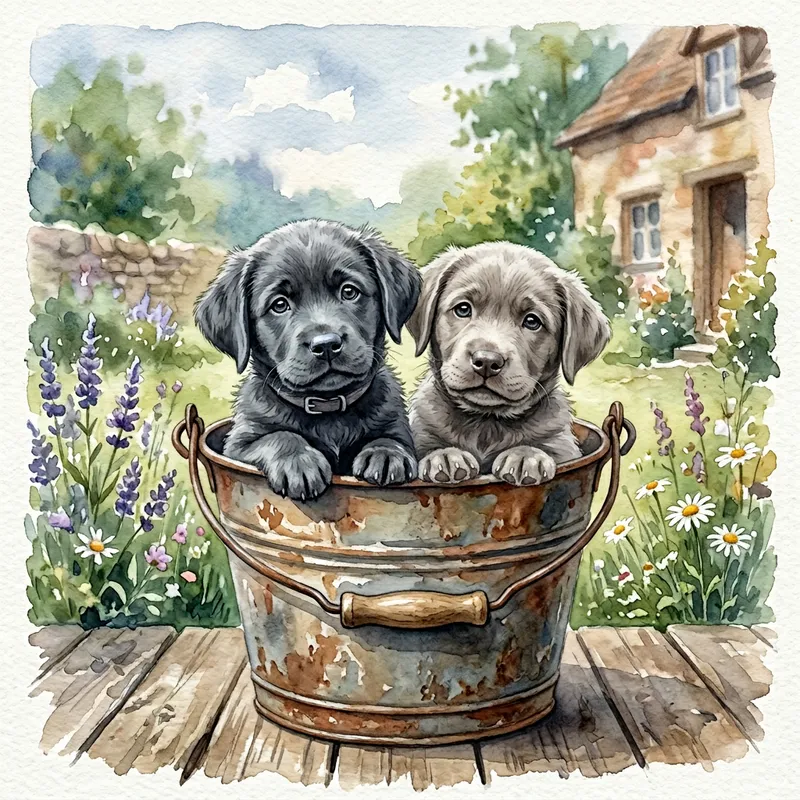 Adorable Silver and Charcoal Labrador Puppies in Bucket Watercolor