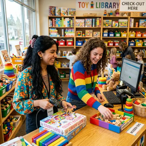 Colorful Toy Library: Two Girls with Big Smiles