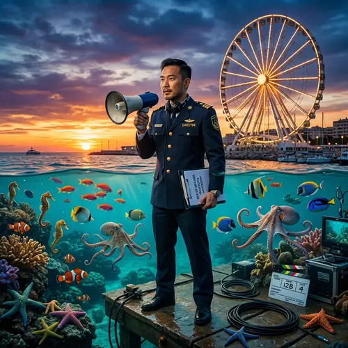 Asian Male Director in Military Uniform with Sea Creatures and Ferris Wheel