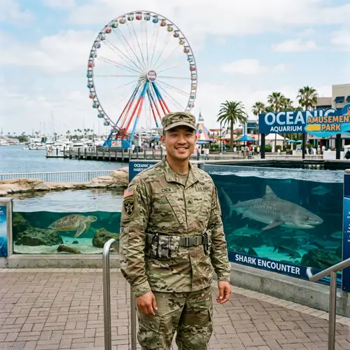 Asian Man in Military Uniform with Shark, Turtle and Ferris Wheel