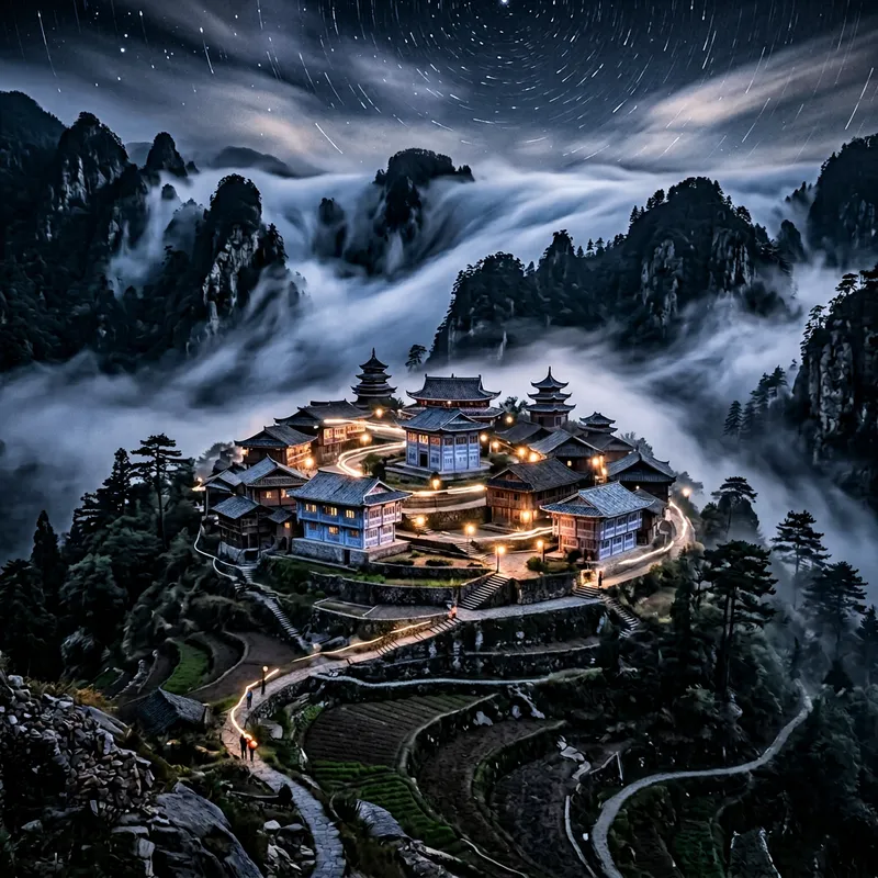 Whimsical Tranquil Asian Village: Mystical Fog & Traditional Craftsmanship