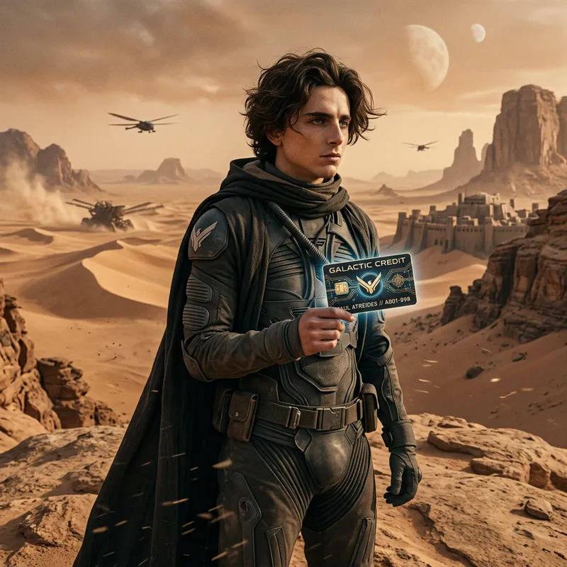 Timothée Chalamet as Paul Atreides in Dune 2021 - Holding Credit Card Timothée Chalamet as Paul Atreides in Dune 2021 - Holding Credit Card