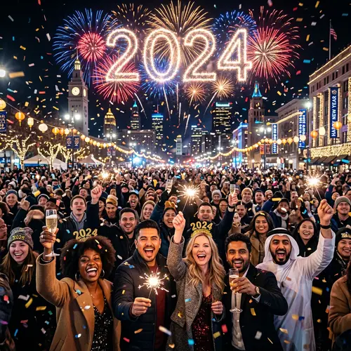 2024 New Year's Celebration: Joyful Crowd under Colorful Fireworks
