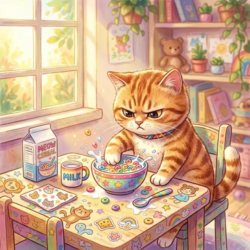 Whimsical Tabby Cat Breakfast Scene