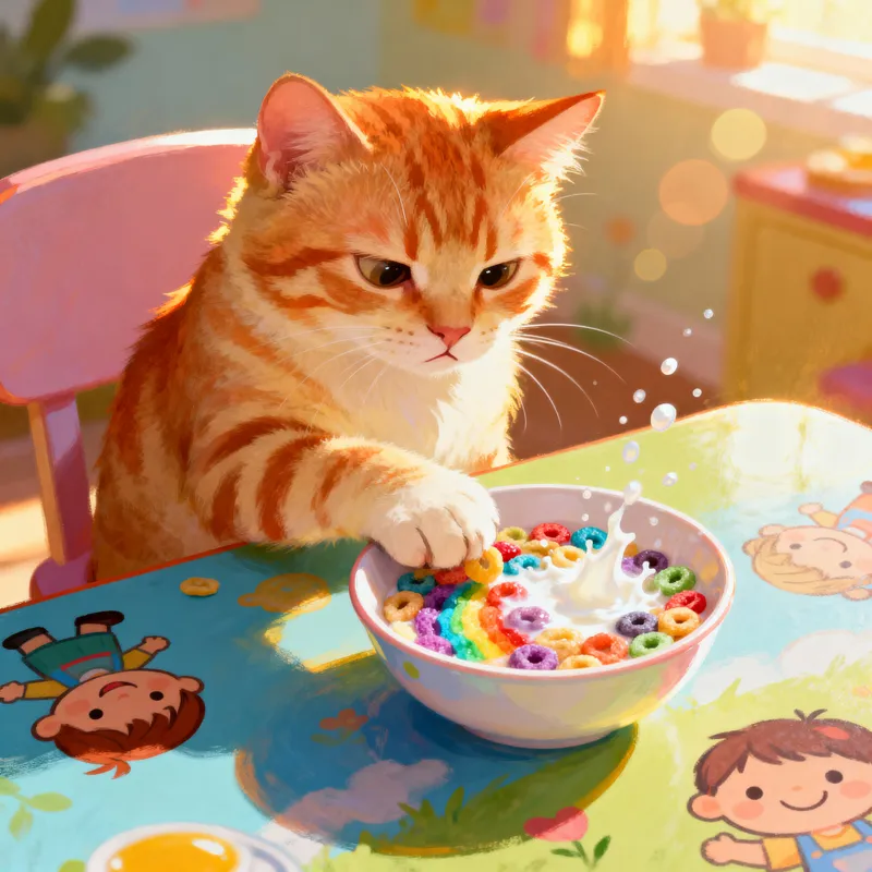 Whimsical Tabby Cat Breakfast Scene