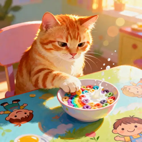 Whimsical Tabby Cat Breakfast Scene