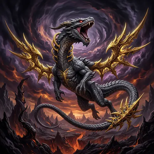 Roaring Giratina: Fascinating Serpentine Creature in Ominous Landscape