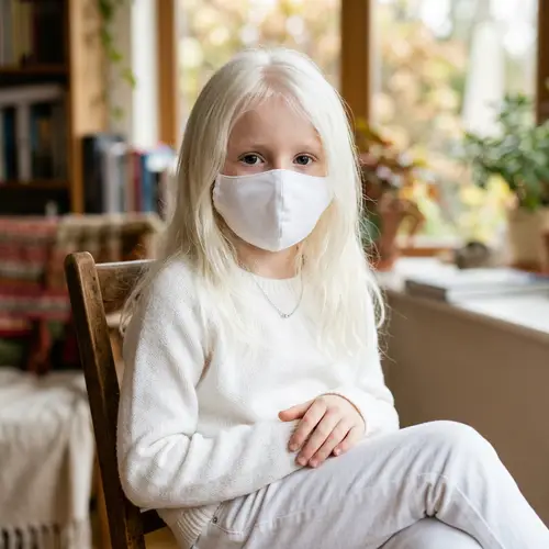 Caucasian Girl with Snowy White Hair | White Clothing & Mask