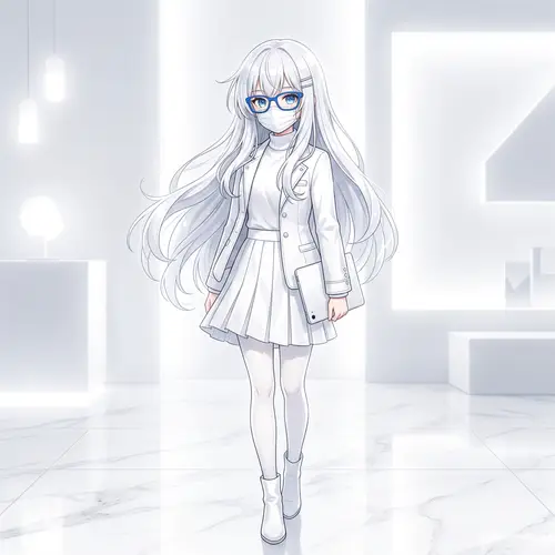 Anime Girl with White Hair and Stylish Glasses | White Attire & Mask