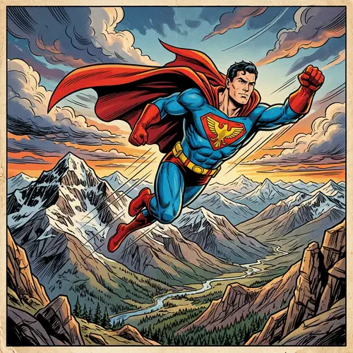 Superman Illustration Above Majestic Mountains