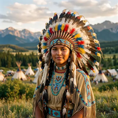 Indigenous Native American Girl with Colorful Feathers Headpiece