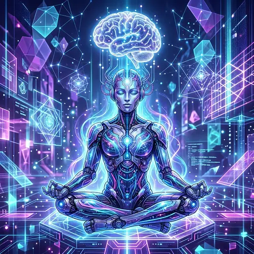 Futuristic AI Entity in Meditation Pose | Virtual Environment