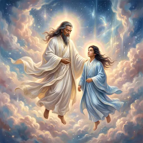 Ethereal Oil Painting of Divine Figures in Celestial Sky