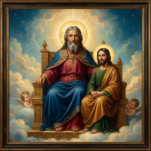 Divine Middle Eastern Deity and Son in Celestial Throne Portrait