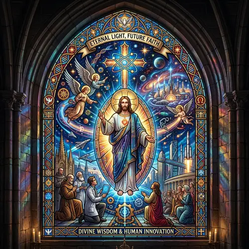 Futuristic Stained Glass Window | Religious Iconography Fusion