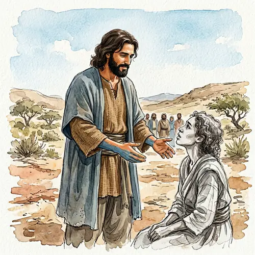 Biblical Scene Watercolor Painting: Healing Encounter in Arid Landscape