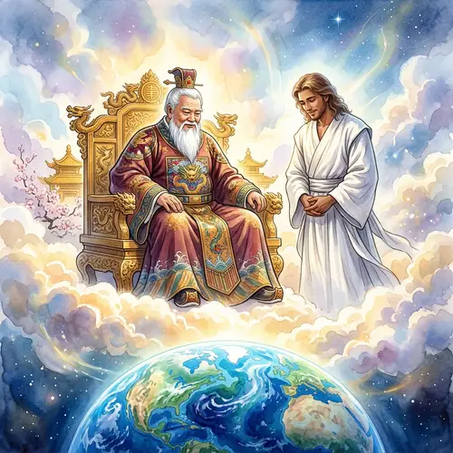 Mature Asian Man on Golden Throne and Kind-Hearted Mixed-Race Man Admiring Earth