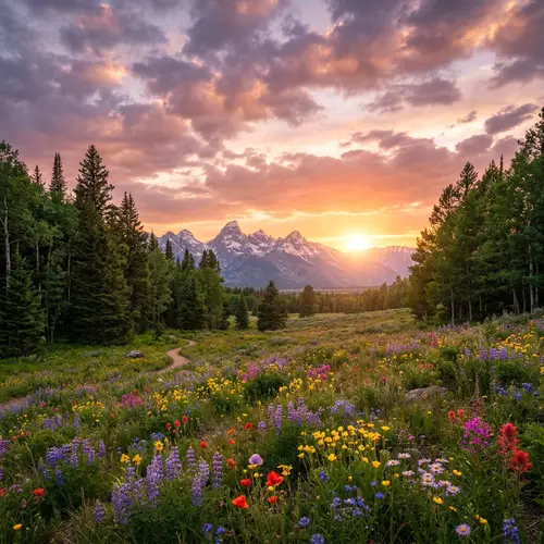 Majestic Sunset Scene: Diverse Wildflowers & Snow-Capped Peaks