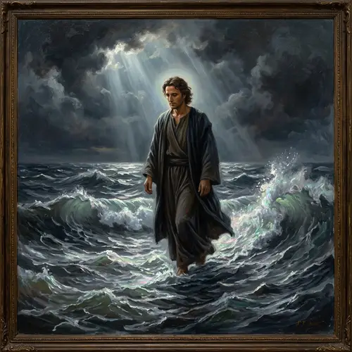 Tranquil Male Walking on Turbulent Sea in Historical Oil Painting