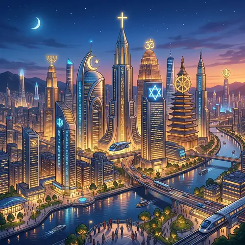 Futuristic Cityscape with Diverse Religious Symbols | Unity & Diversity