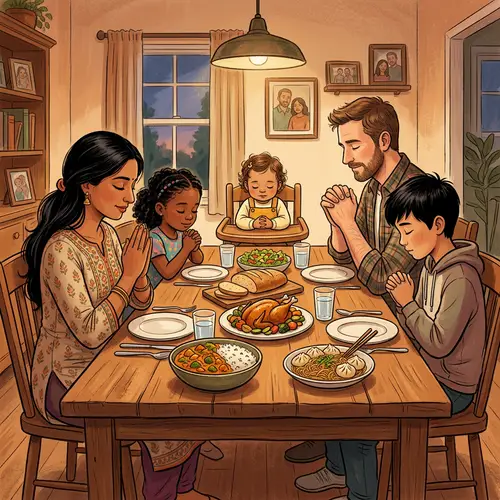 Multicultural Family Praying Together Around Dining Table