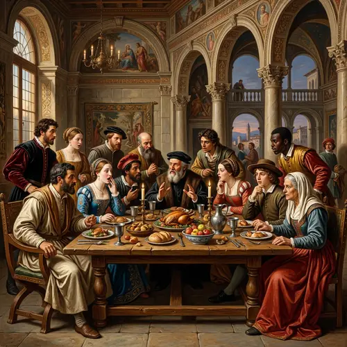 Renaissance-Inspired Oil Painting of A Diverse Group at a Baroque Feast