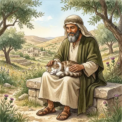 Serenity and Compassion: Biblical Figure with Traditional Attire and Cat