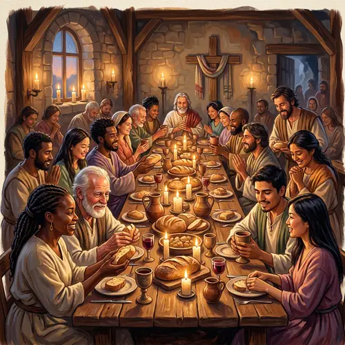 Diverse Community Sharing the Lord's Supper at Wooden Table