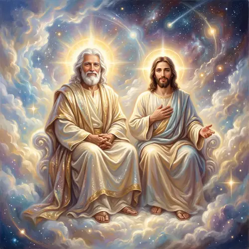 Spiritual Oil Painting of God and Son in Heavenly Scene