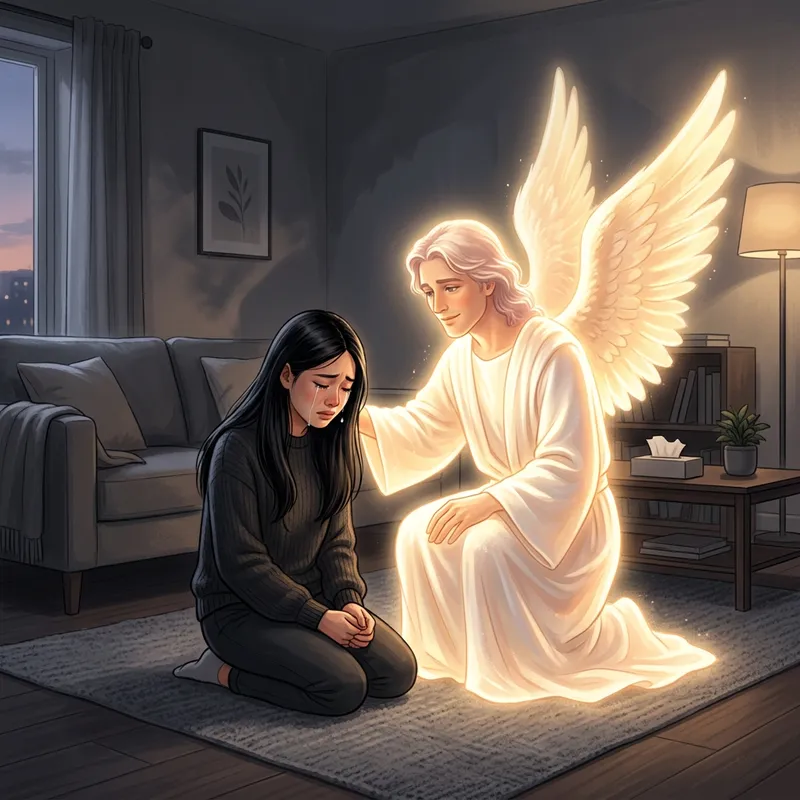 Angel Comforting Grieving Person - Heartwarming Scene Angel Comforting Grieving Person - Heartwarming Scene