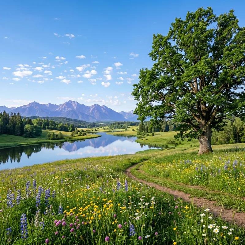 Serene Landscape with Majestic Tree and Meandering River Serene Landscape with Majestic Tree and Meandering River