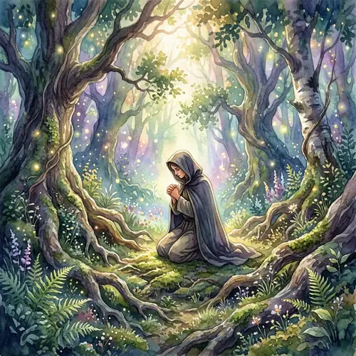Tranquil Forest Prayer: Ethereal Watercolor Art