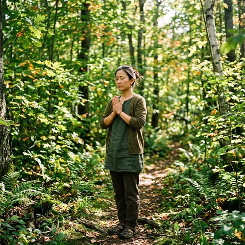 Chinese Woman Praying in Serene Forest - Spiritual Connection