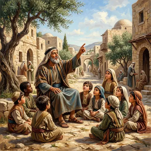 Traditional Oil Painting of Middle Eastern Man and Diverse Group of Children