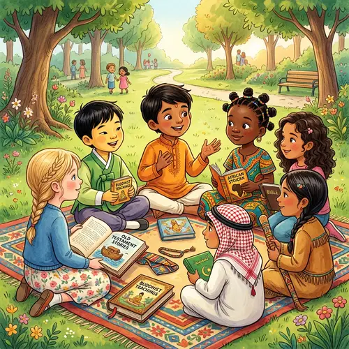 Diverse Kids Sharing Religious Stories | Cultural Illustration