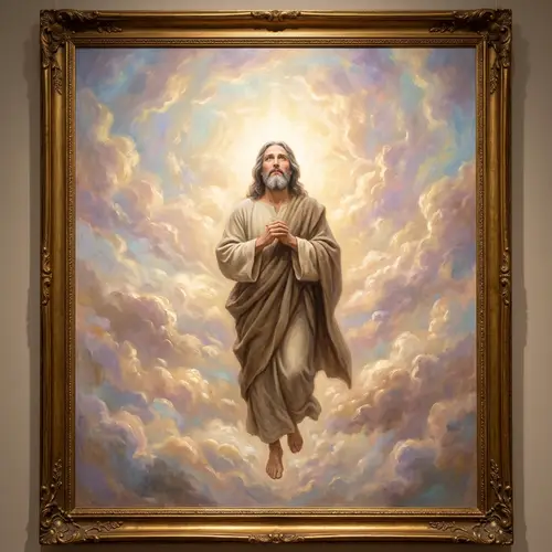 Divine Ascension Oil Painting | Serene Religious Icon in Radiant Sky