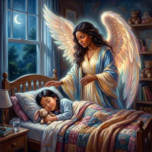 Guardian Angel Watching Over Sleeping Child - Serene Oil Painting