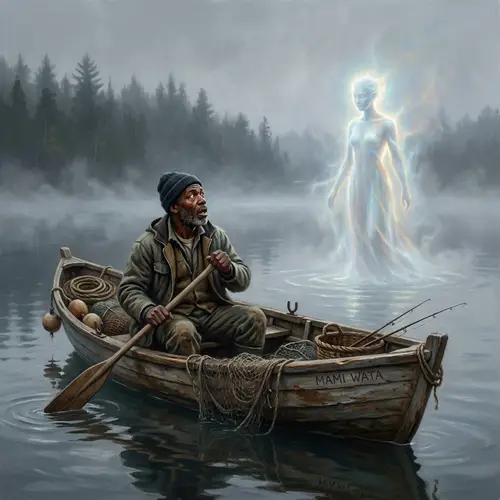 African Fisherman Encounter in Serene Lake with Divine Being