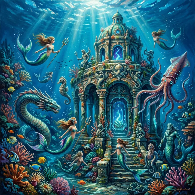 Mythical Underwater Temple with Sea Creatures