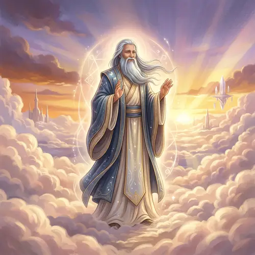 Heavenly Realms: Mystical Figure in Traditional Robes at Sunrise