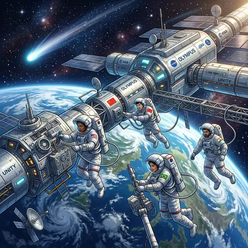 Space Exploration Illustration with Diverse Astronauts | Website Name