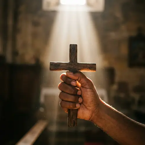 Diverse Human Hand Clutching Wooden Cross
