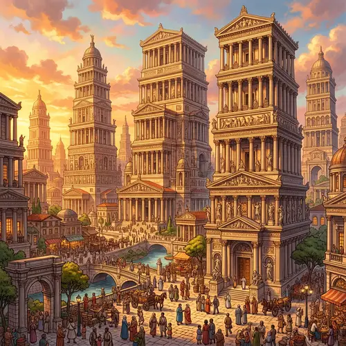 Monumental Ancient Temples in Cityscape Illustration