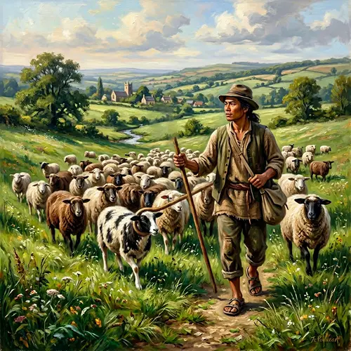 Diverse Shepherd Leading Flock in Lush Meadow | Symbolism of Unity