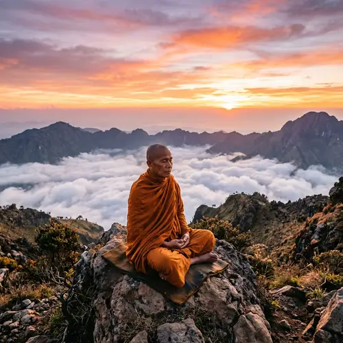 Serene Monk Meditating at Mountain Peak | Spiritual Tranquility